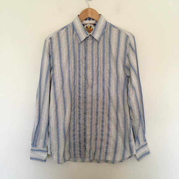 Robert Graham Shirt Mens L Flip Cuff  White Blue Striped Contrast Abstract Logo - Picture 1 of 16